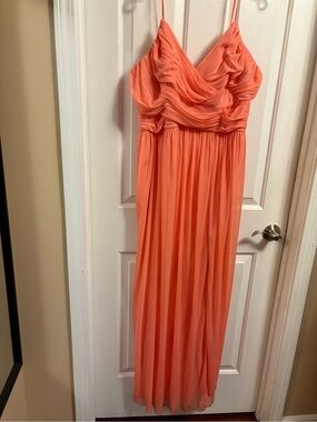 Elegant Coral Chiffon Maxi Dress with Ruched Bodice. Comes with two pockets.
